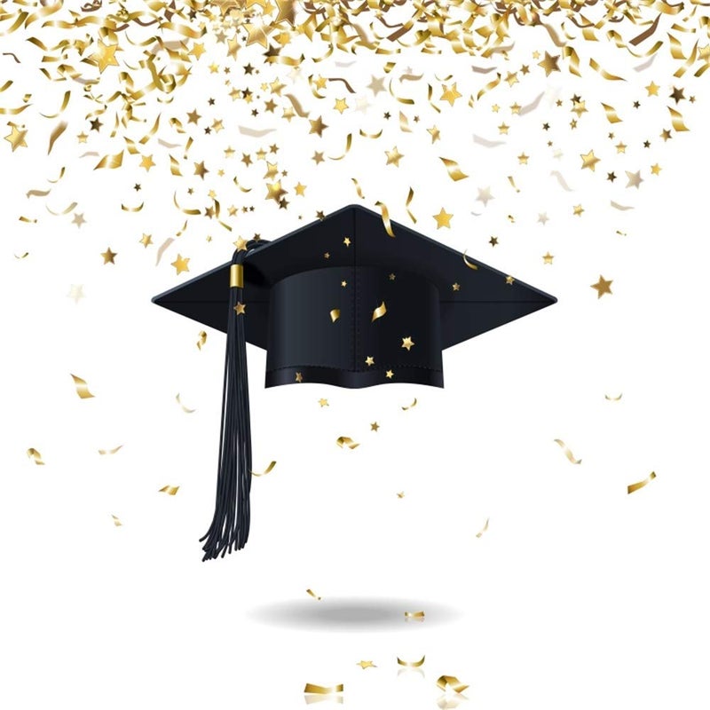 AOFOTO 8x8ft Graduation Backdrop Class of 2025 Senior Year Golden Confetti Black Mortarboard Graduates Trencher Cap Background Graduate Photo Prom Party Decoration Grads Ceremonry Photo Studio Props - Image 1